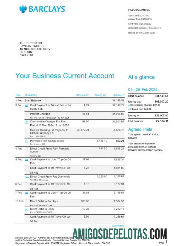 Em branco Reino Unido Modelo de extrato do Barclays Business Bank em PSD 6 páginas